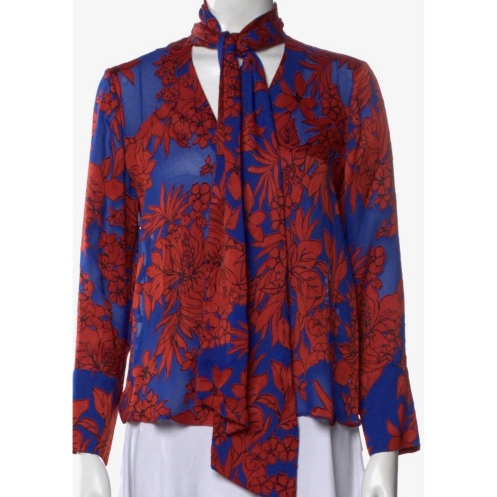 NEW Alice + Olivia Gwenda Silk Blouse Top Small Blue Red Floral Bow Tie Neck